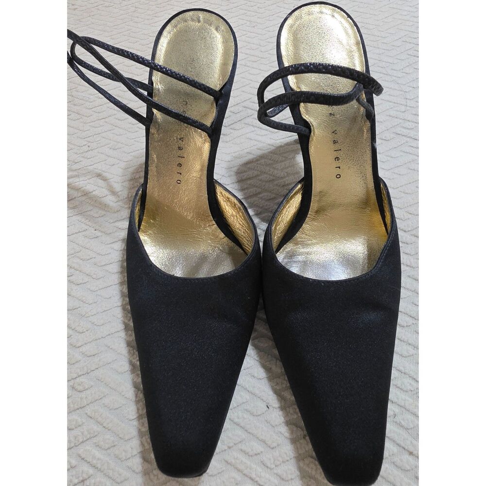 Martinez Valero Black Satin Gold Metallic Lining Ankle Wrap Strap Heels Size 9